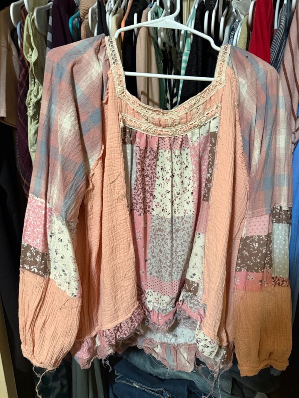 POL Peach Patchwork Peasant Tunic with Lace Trim